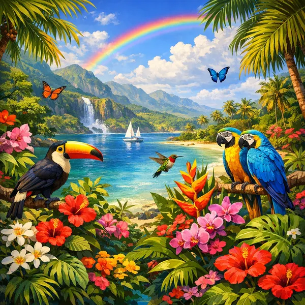This online jigsaw puzzle features a lush tropical landscape teeming with colorful wildlife and vibrant flora.