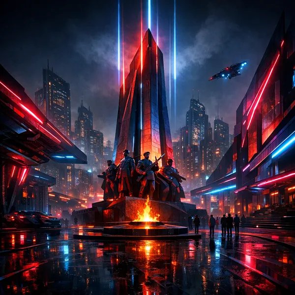 Enjoy an online jigsaw puzzle designed for browser play, featuring a dramatic futuristic cityscape with a bold monument at its center.