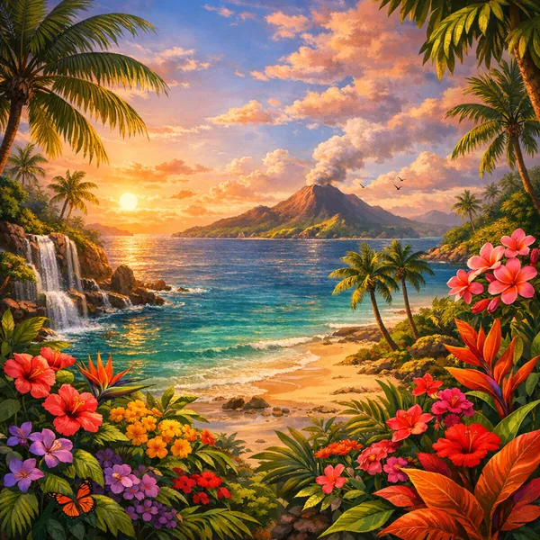 Enjoy an online jigsaw puzzle designed for browser play, featuring a lush tropical beach and volcanic island at sunset.