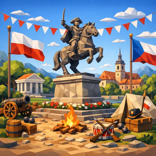 This online jigsaw puzzle features a bright, history-themed scene of a festive town square centered on a heroic equestrian statue.