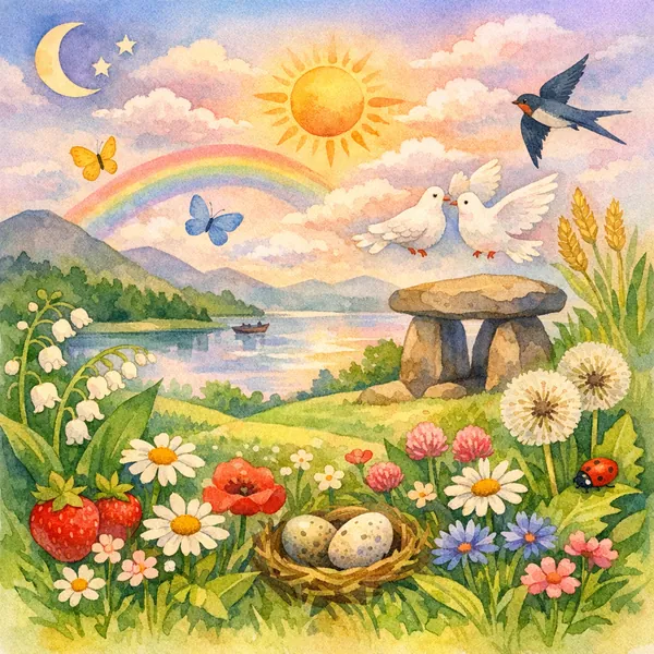 Enjoy an online jigsaw puzzle designed for browser play, featuring a whimsical nature scene full of flowers, birds, and a rainbow-lit lakeside landscape.