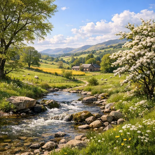Enjoy an online jigsaw puzzle designed for browser play, featuring a serene countryside landscape full of nature and rustic charm.