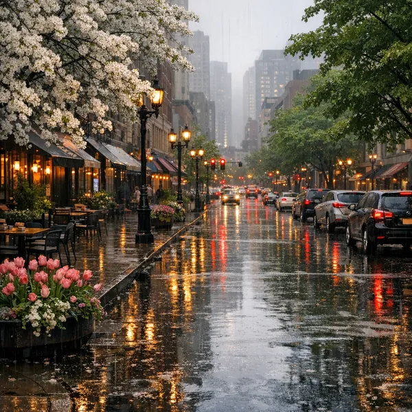 Enjoy an online jigsaw puzzle designed for browser play, featuring a rainy city street scene that blends urban charm with bursts of nature.