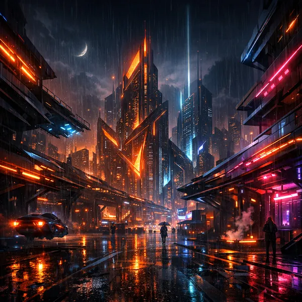 Enjoy an online jigsaw puzzle designed for browser play, featuring a neon-lit futuristic cityscape in a moody cyberpunk style.