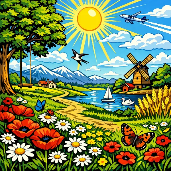 Enjoy an online jigsaw puzzle designed for browser play, featuring a cheerful countryside nature scene full of summer life.