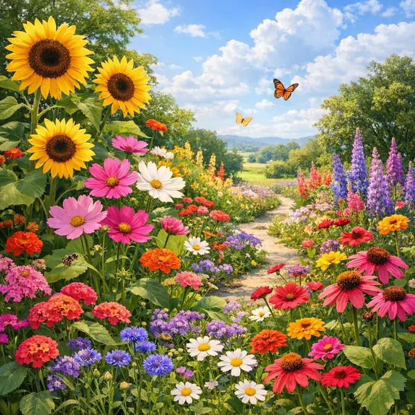 This online jigsaw puzzle features a radiant garden scene filled with wildflowers and sunflowers, perfect for nature lovers to play right in their browser.