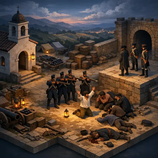Play an online jigsaw puzzle in your browser that shows a dramatic historical scene set in a fortified hilltop outpost—an evocative mix of history and human dra
