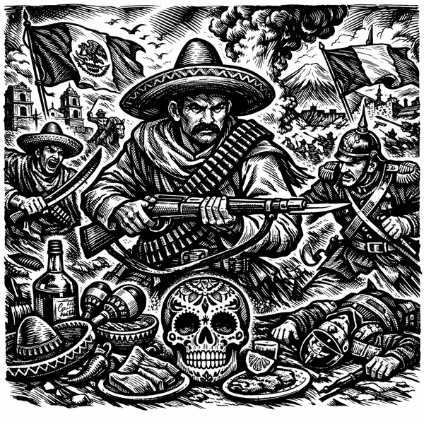 Enjoy an online jigsaw puzzle designed for browser play, featuring a dramatic black-and-white historical scene that blends war, culture, and folk art.