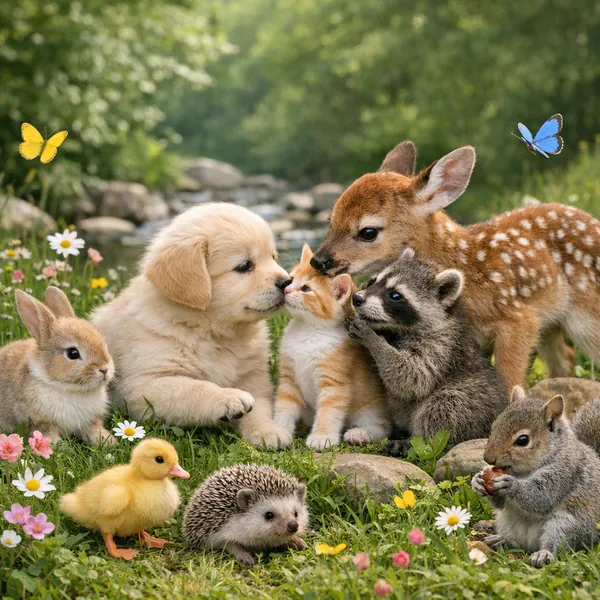 Enjoy an online jigsaw puzzle designed for browser play, featuring an adorable woodland and backyard animal scene that blends nature and cute baby animals.