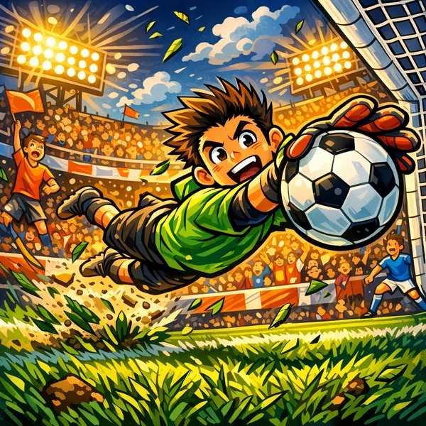 Enjoy an online jigsaw puzzle designed for browser play, featuring a vibrant sports scene of a heroic soccer goalkeeper making a dramatic save.