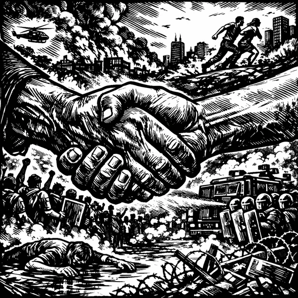 This online jigsaw puzzle features a striking black-and-white illustration that explores themes of urban unrest and solidarity, designed to play smoothly in you
