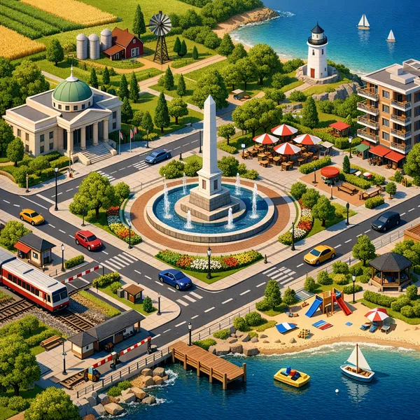 Enjoy an online jigsaw puzzle designed for browser play, featuring a charming coastal town where seaside life meets a leafy civic square.