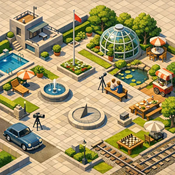 Enjoy an online jigsaw puzzle designed for browser play, featuring a sunny urban plaza filled with garden, water, and leisurely activities.