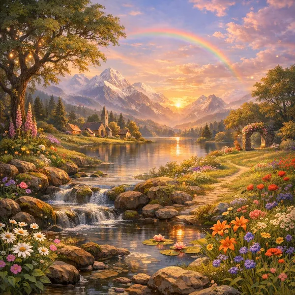 Enjoy an online jigsaw puzzle designed for browser play, featuring a tranquil nature scene of a sunlit mountain lake with a quaint village.
