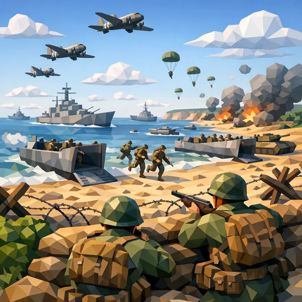 Enjoy an online jigsaw puzzle designed for browser play, featuring a dramatic military beach landing that blends history and action into a stylized scene.