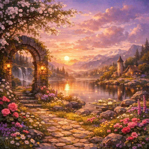 This online jigsaw puzzle features a tranquil lakeside landscape at sunset, perfect for nature and fantasy lovers to play in your browser.