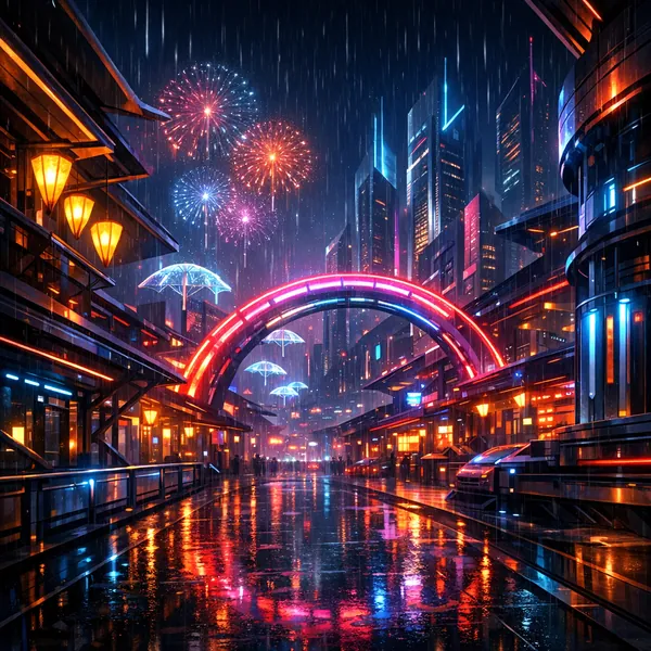 Enjoy an online jigsaw puzzle designed for browser play, featuring a neon-lit cityscape in the rain with futuristic architecture and glowing umbrellas.