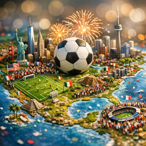 Enjoy an online jigsaw puzzle designed for browser play, featuring a festive sports-and-city miniature scene where a giant soccer ball sits among tiny stadiums,