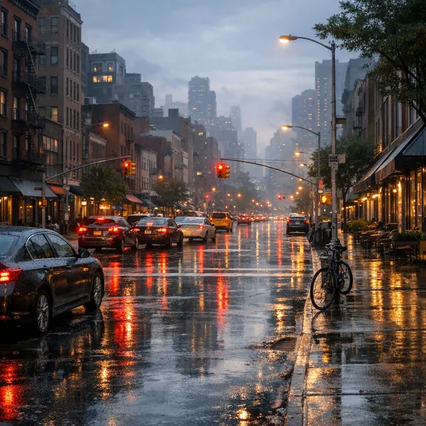 Enjoy an online jigsaw puzzle designed for browser play, featuring a rainy city street scene with glowing storefronts and distant skyscrapers.