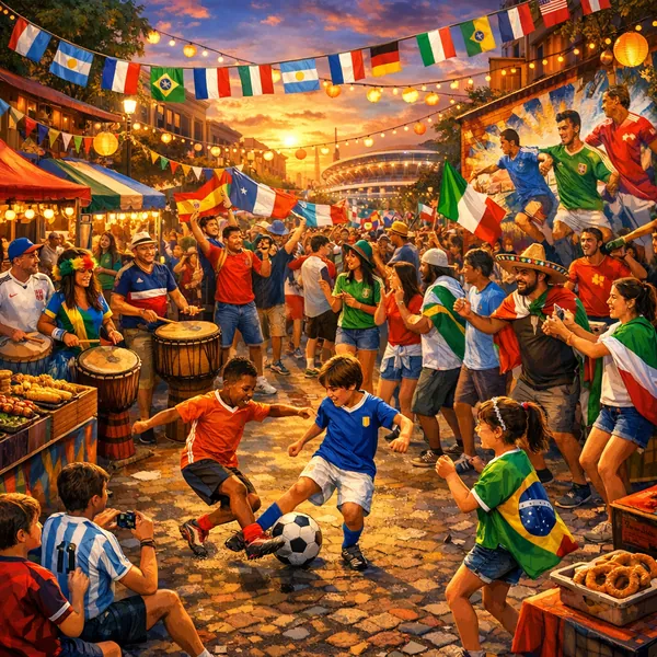 Enjoy an online jigsaw puzzle designed for browser play, featuring a lively street festival and soccer-themed celebration.