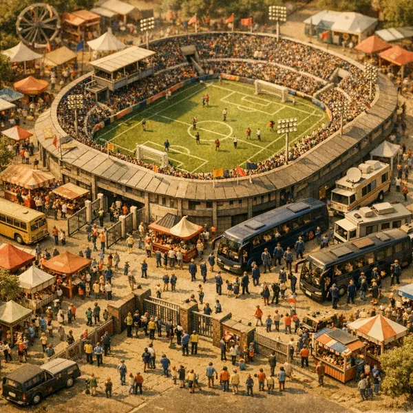 Here’s an online jigsaw puzzle you can play in your browser, featuring a lively sports scene of a packed outdoor soccer stadium surrounded by bustling streets a