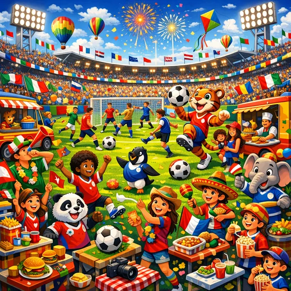 Enjoy an online jigsaw puzzle designed for browser play, featuring a colorful soccer stadium scene full of sports, food stalls, and cheerful fans.