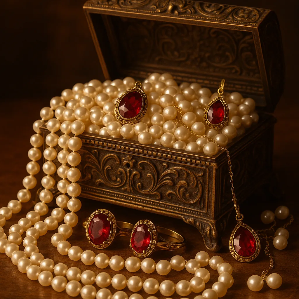 An antique box brimming with pearls and gold jewellery.