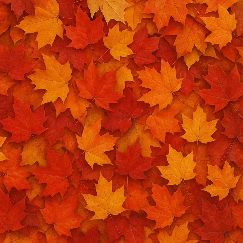 A close-up carpet of vivid autumn leaves.