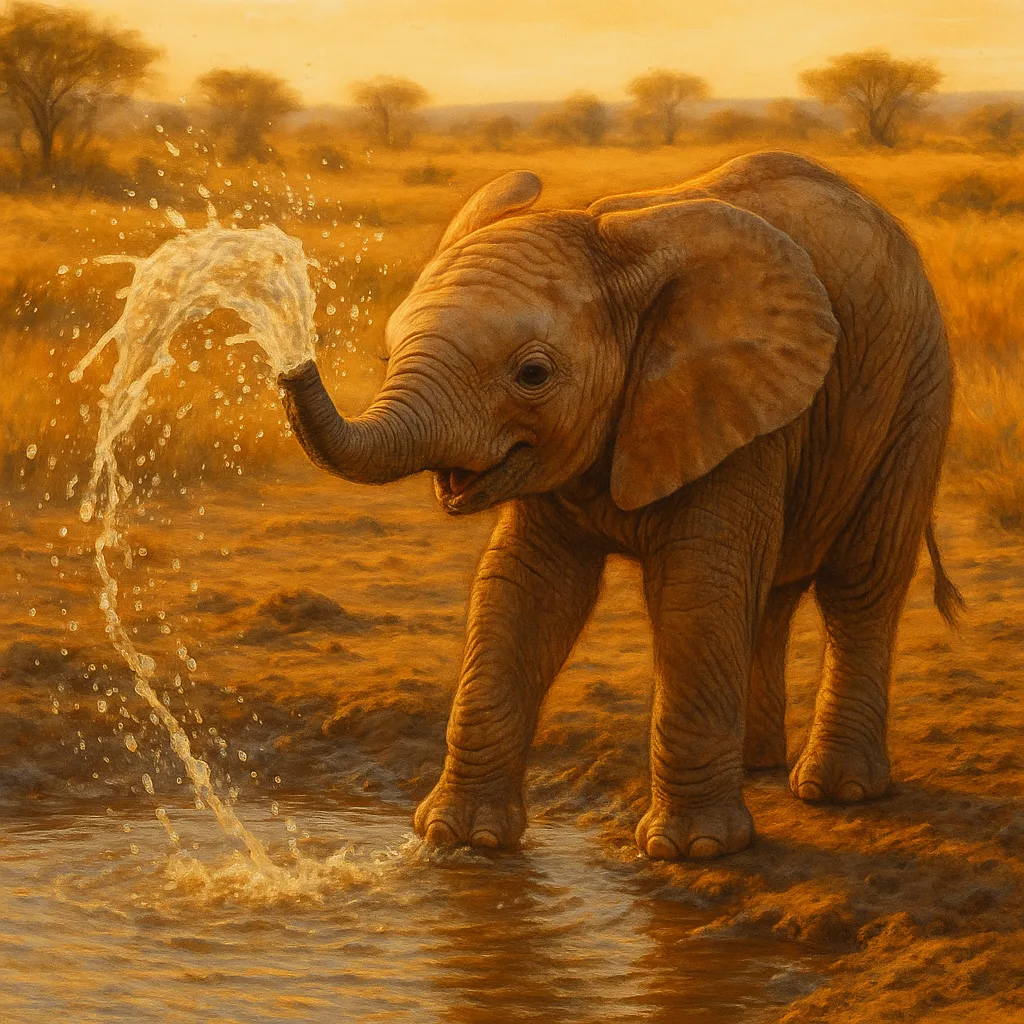 A playful baby elephant splashing water at a golden-lit savanna waterhole.