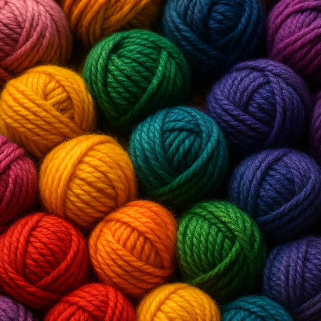 A close-up of colourful balls of woollen yarn.