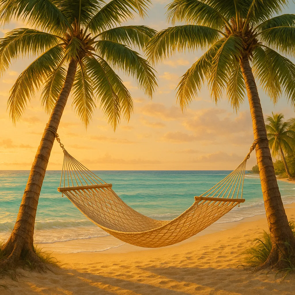 A hammock between palms by a calm tropical beach.