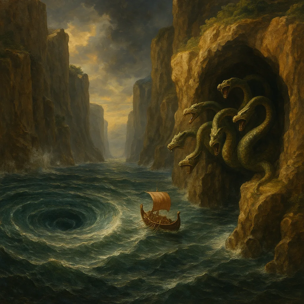 A tiny galley threading the strait between a sea monster and a whirlpool.