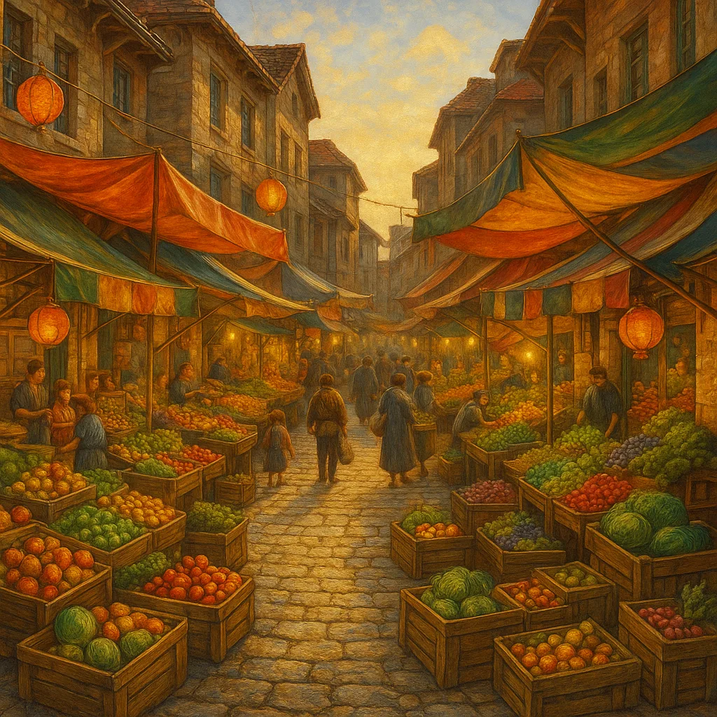 A richly detailed bustling old-town market street.