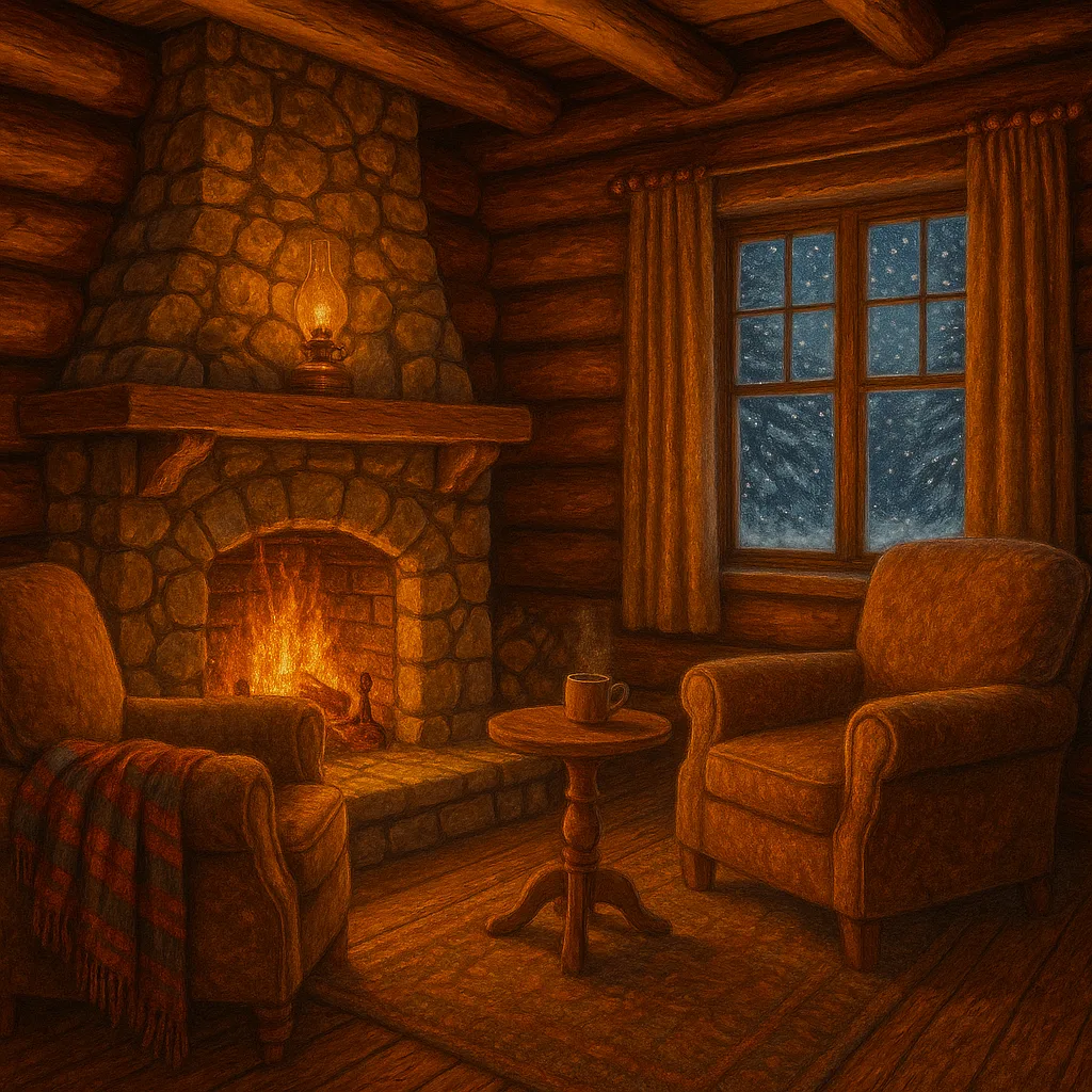 A cozy cabin interior with a fire and snow outside.