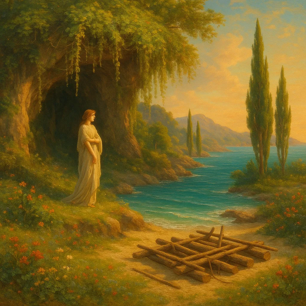 The lush island grotto of the nymph Calypso, a raft taking shape on the shore.