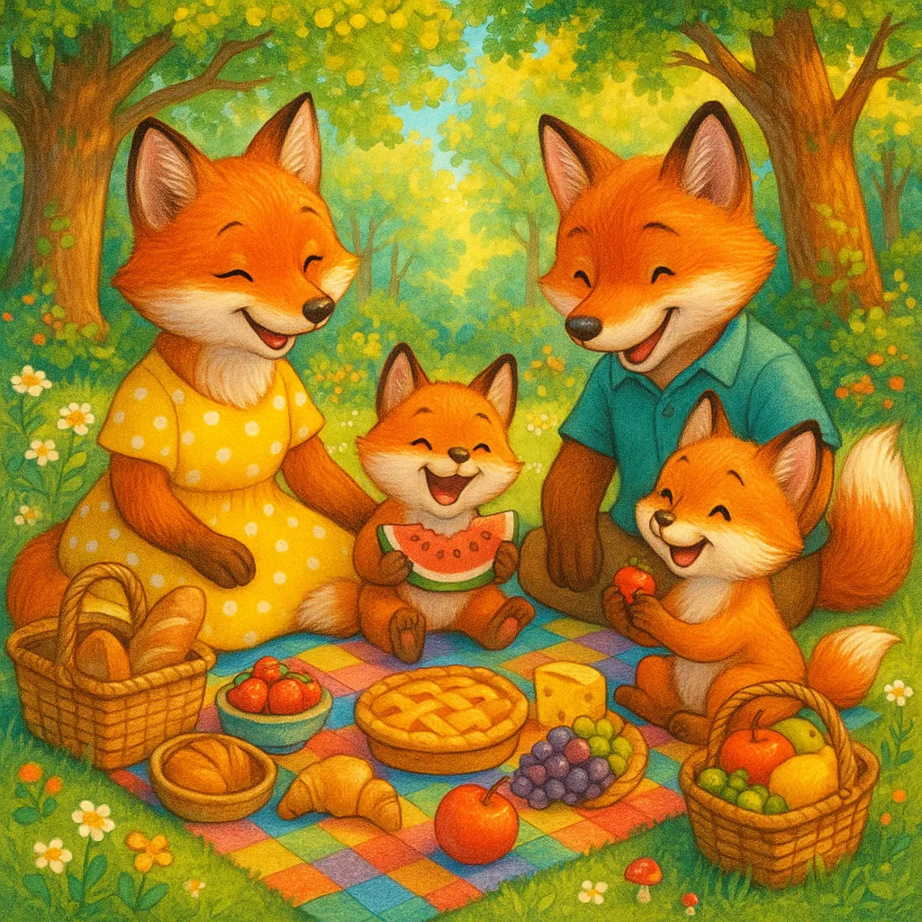 A whimsical cartoon fox family enjoying a picnic in a sunny forest clearing.