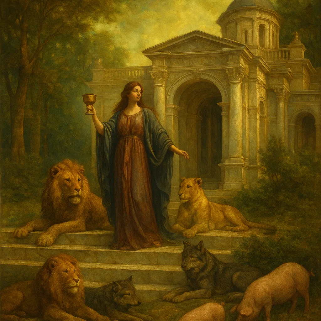 The marble palace of the sorceress Circe amid tame beasts and enchanted woods.