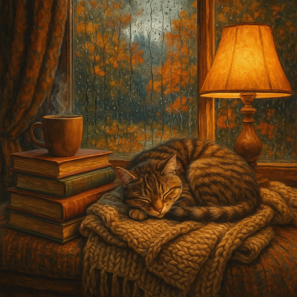 A warm reading nook by a rainy window with a sleeping cat, books and a hot drink.