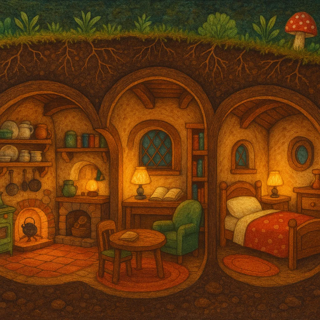 A cutaway of a cozy underground burrow home.