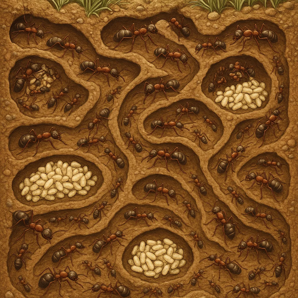 A detailed cutaway of a busy underground ant colony.