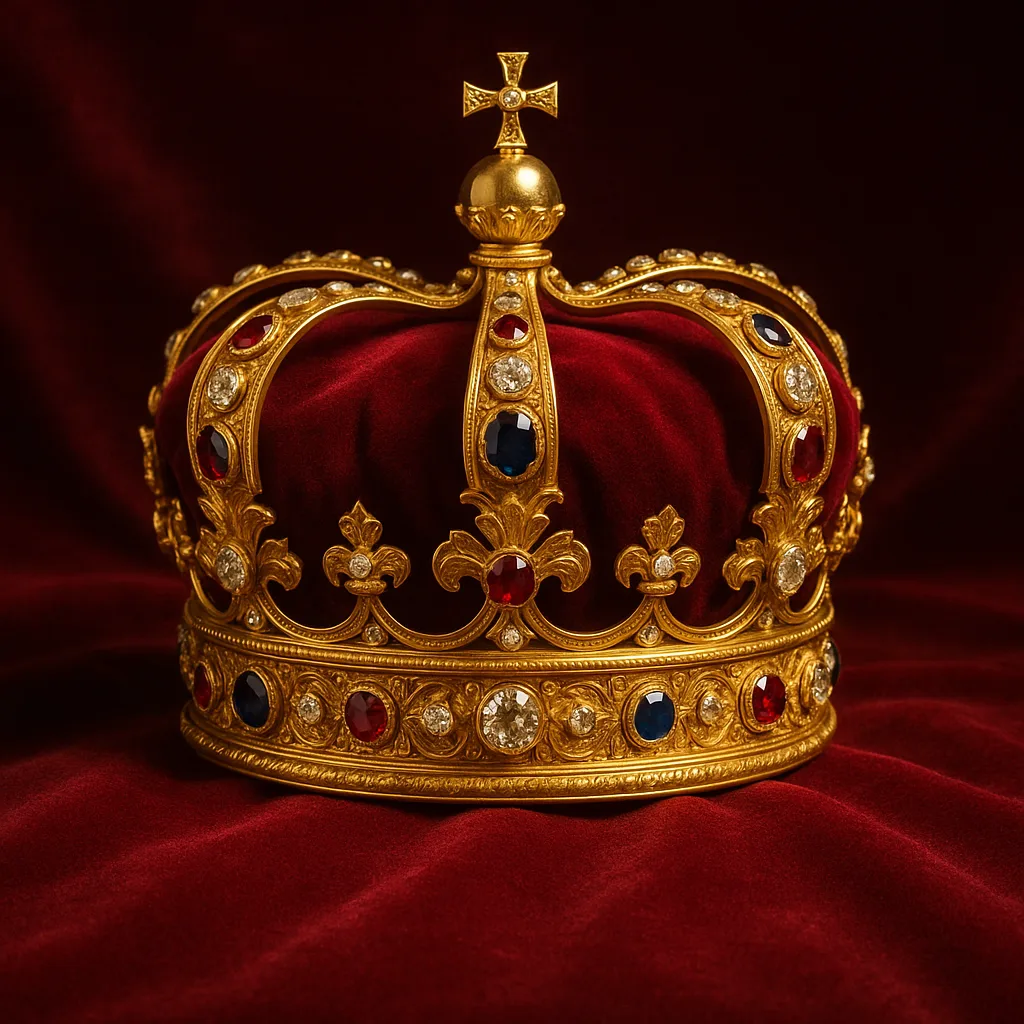 An ornate golden crown set with gems on red velvet.