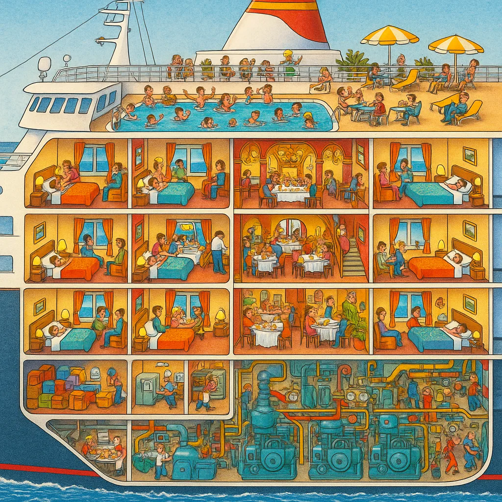 A cutaway showing the many decks of a cruise ship.