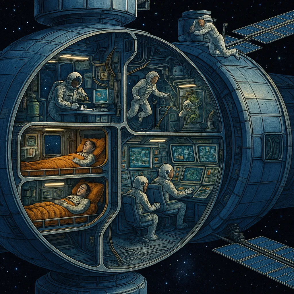 A cutaway revealing the interior of a space station.