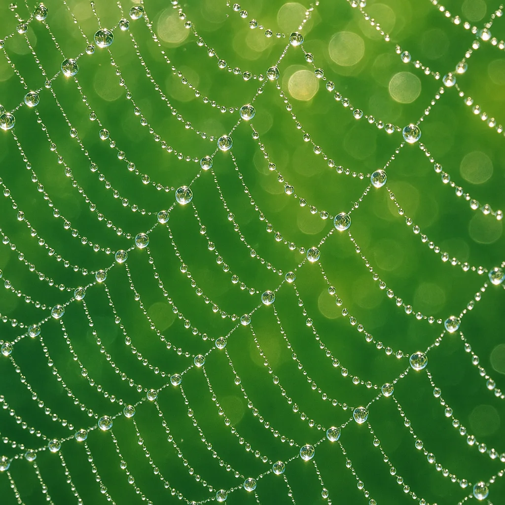 A macro of dewdrops sparkling on a spiderweb.