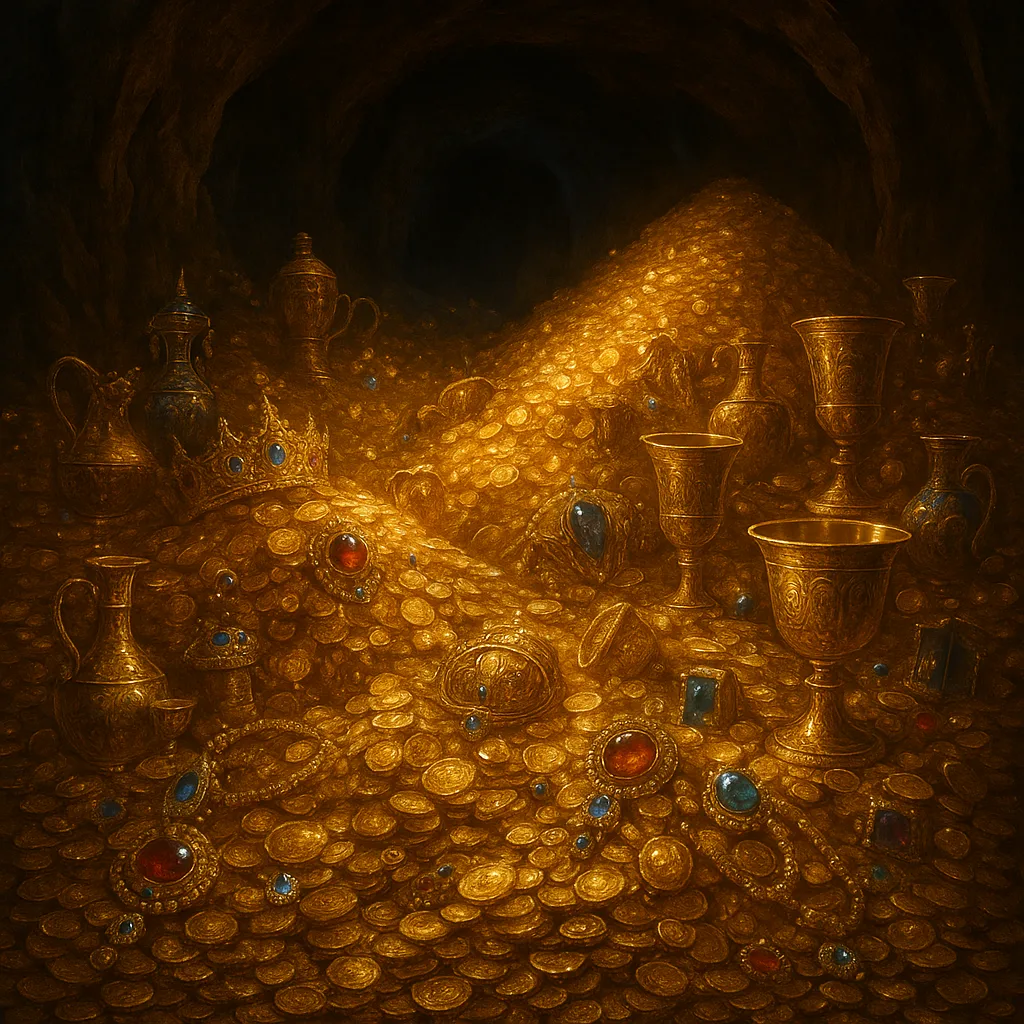 A vast pile of gold in a dragon's cavern.
