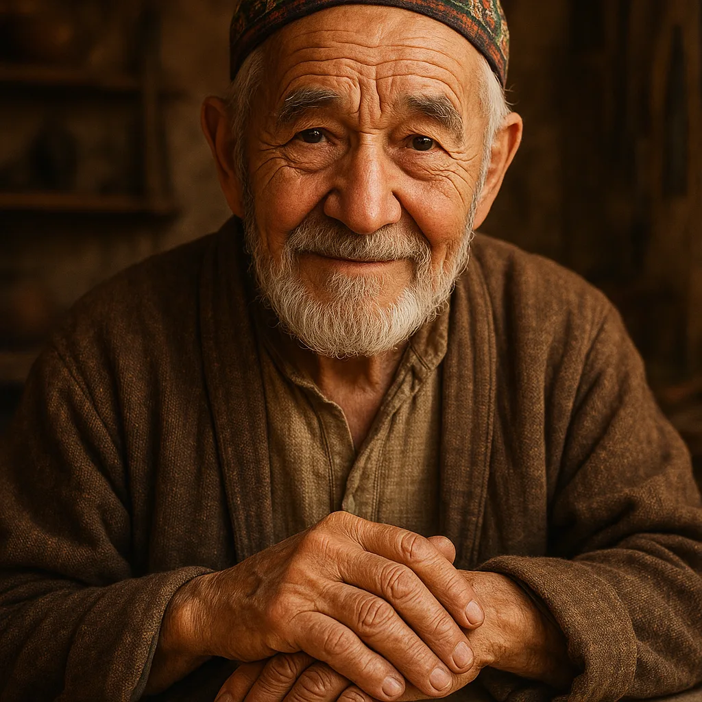 A warm portrait of an elderly artisan in traditional dress.