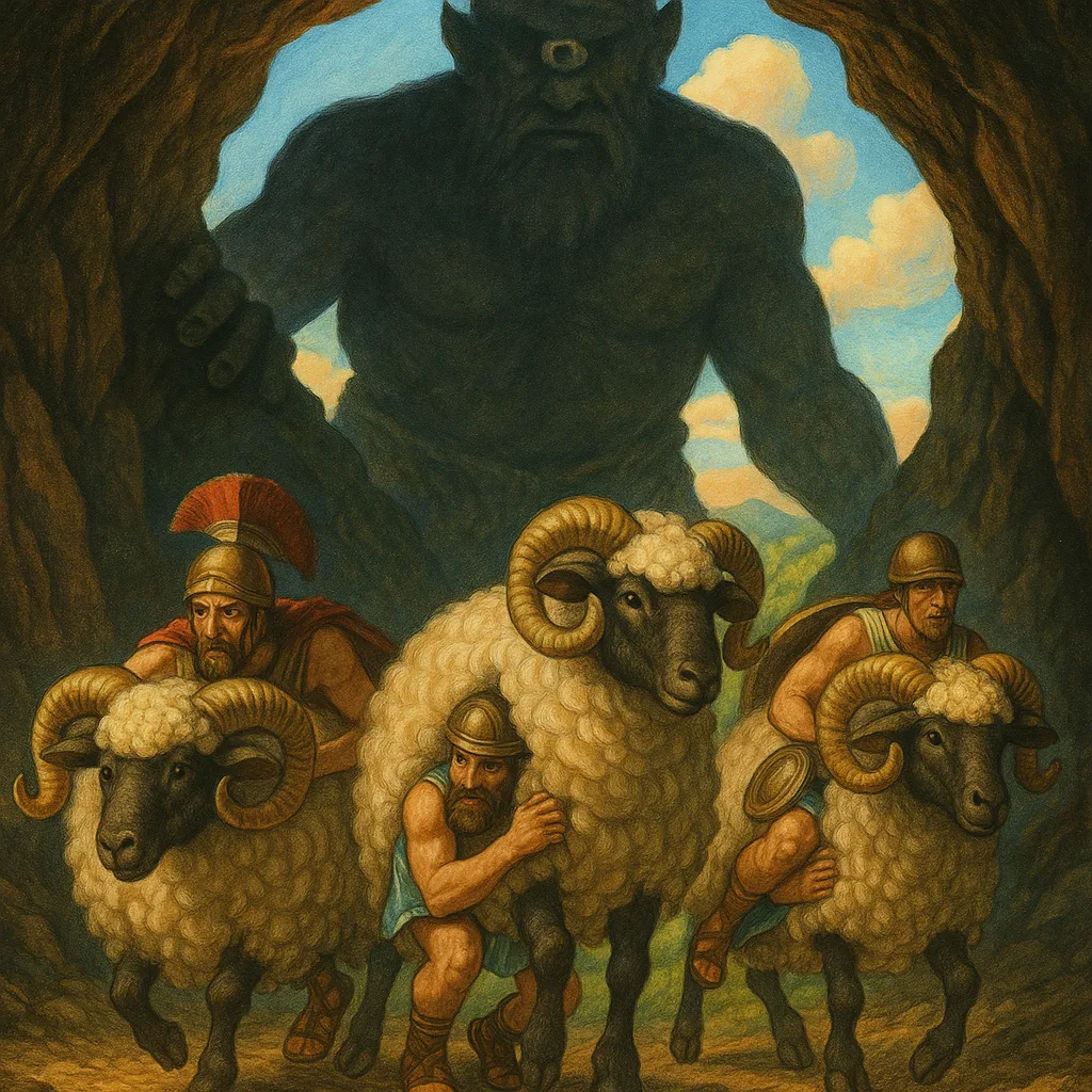 Greek heroes escaping a giant’s cave hidden beneath woolly rams.