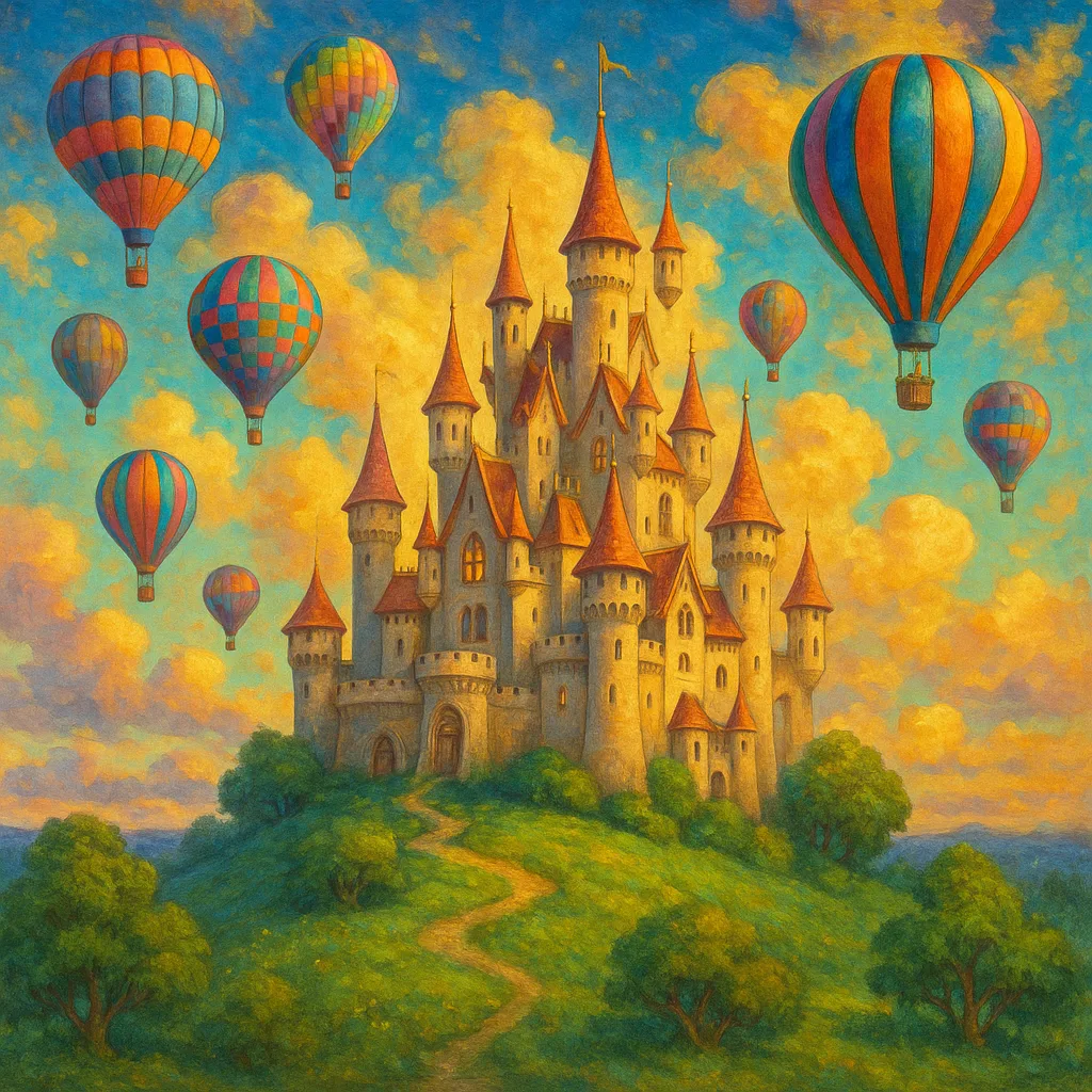 A dreamy fairytale castle on a hill with colourful balloons drifting through a magical sky.