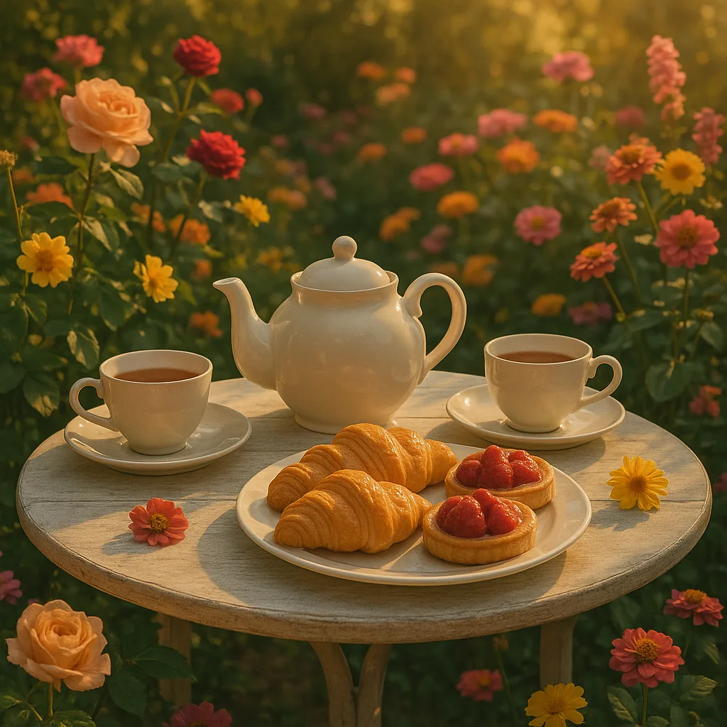 A peaceful garden tea table in golden evening light.