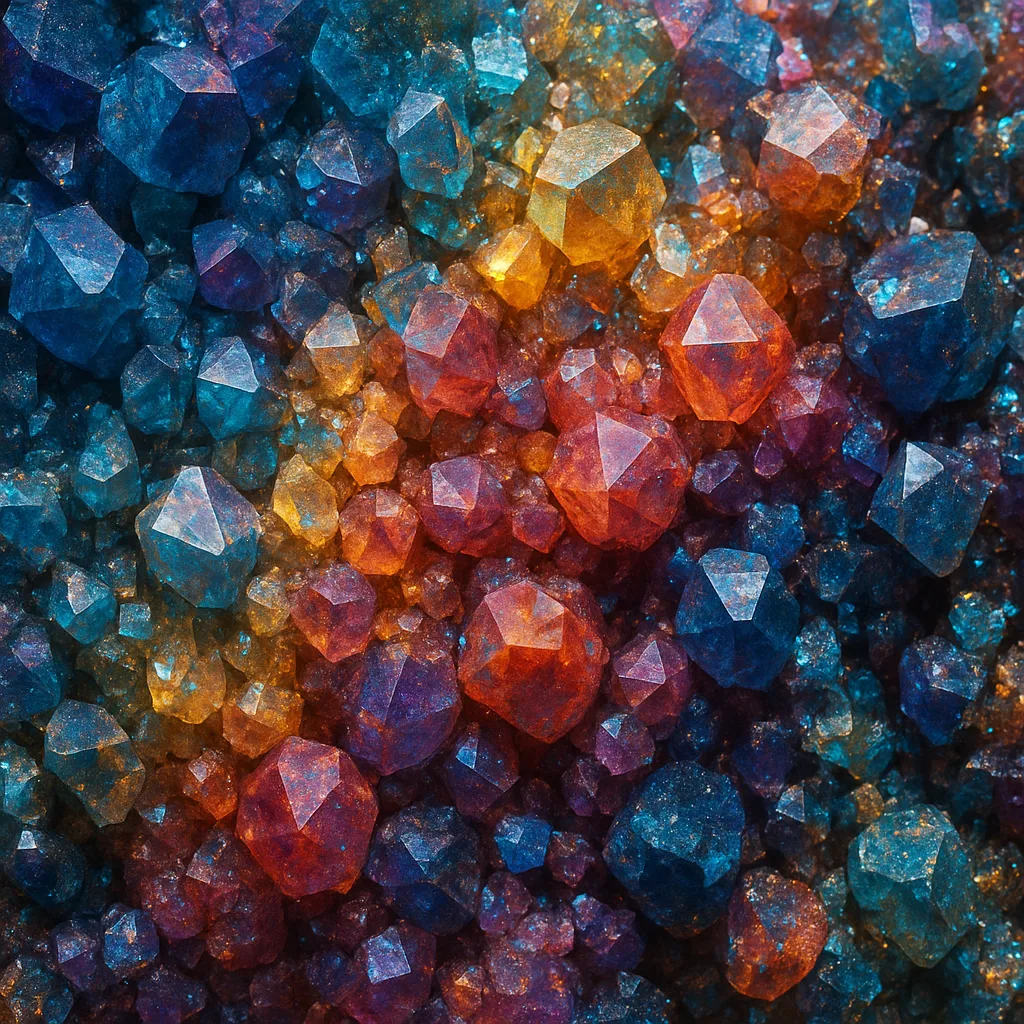 A macro of a colourful crystalline mineral surface.